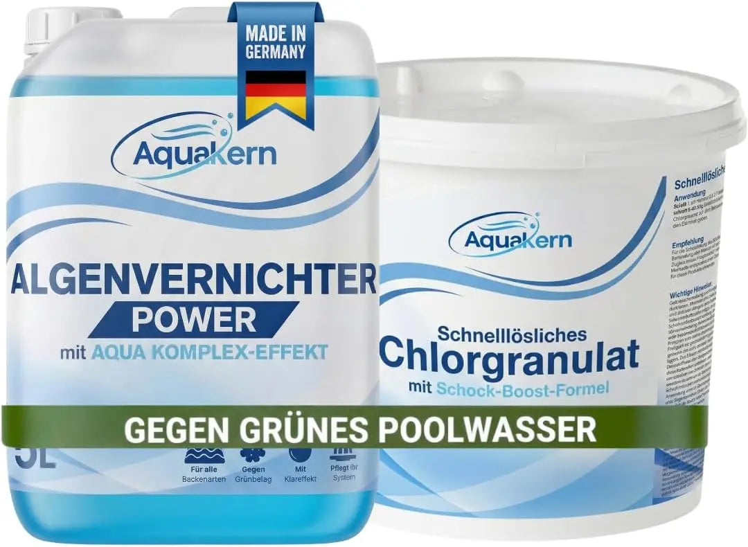 Aquakern Anti-Grün Set – Chlorgranulat 5 kg + Algenvernichter Power 5 L | Soforthilfe gegen grünes Poolwasser | für Schock- & Stoßchlorung