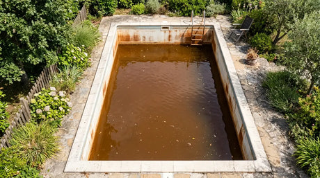 Braunes Poolwasser durch oxidiertes Eisen – Rostverfärbung im Pool vor der Behandlung mit Metal Ex