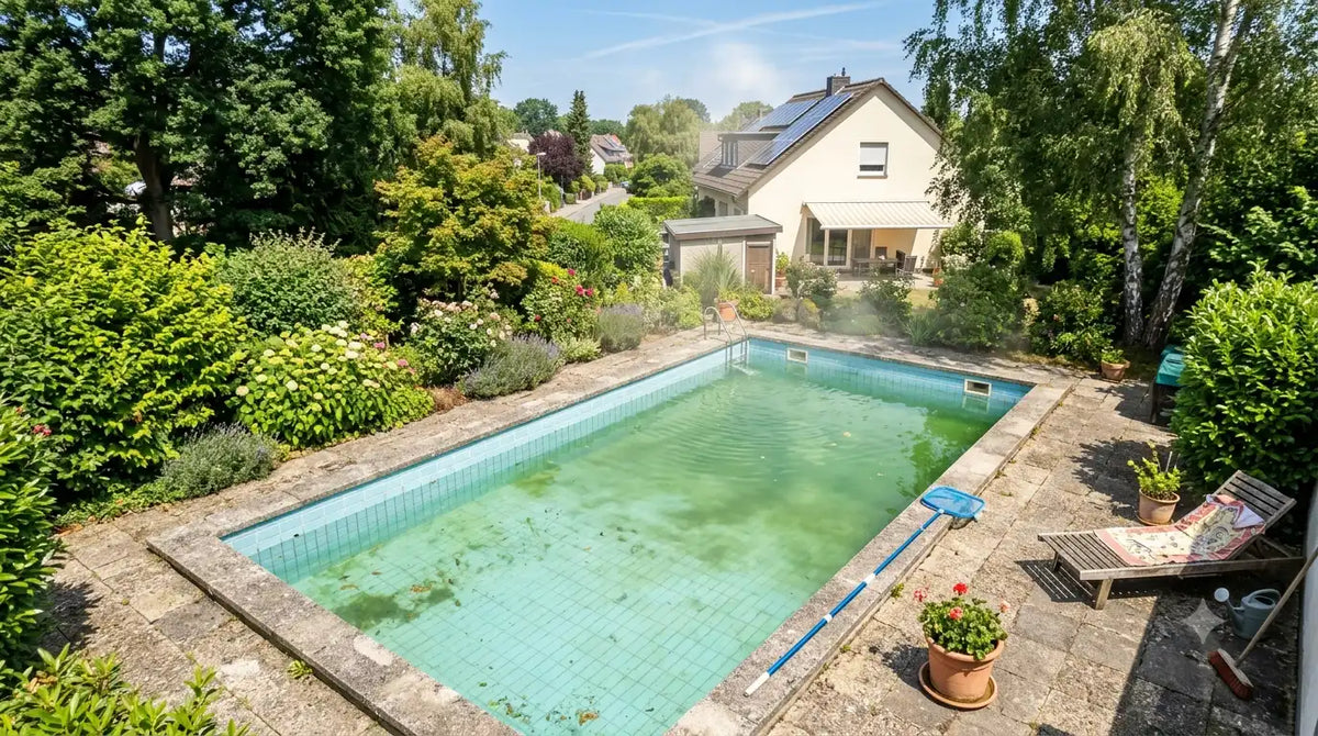 Grünlich-trübes Poolwasser bei Sommerhitze trotz Chlorung – Anzeichen für Chlorlock durch zu hohe Cyanursäure