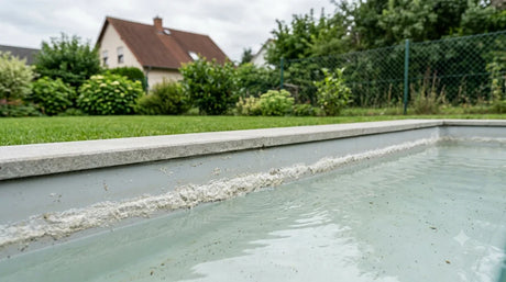 Weiße Kalkablagerungen an der Poolwand durch hartes Wasser – vermeidbar mit einem Härtestabilisator