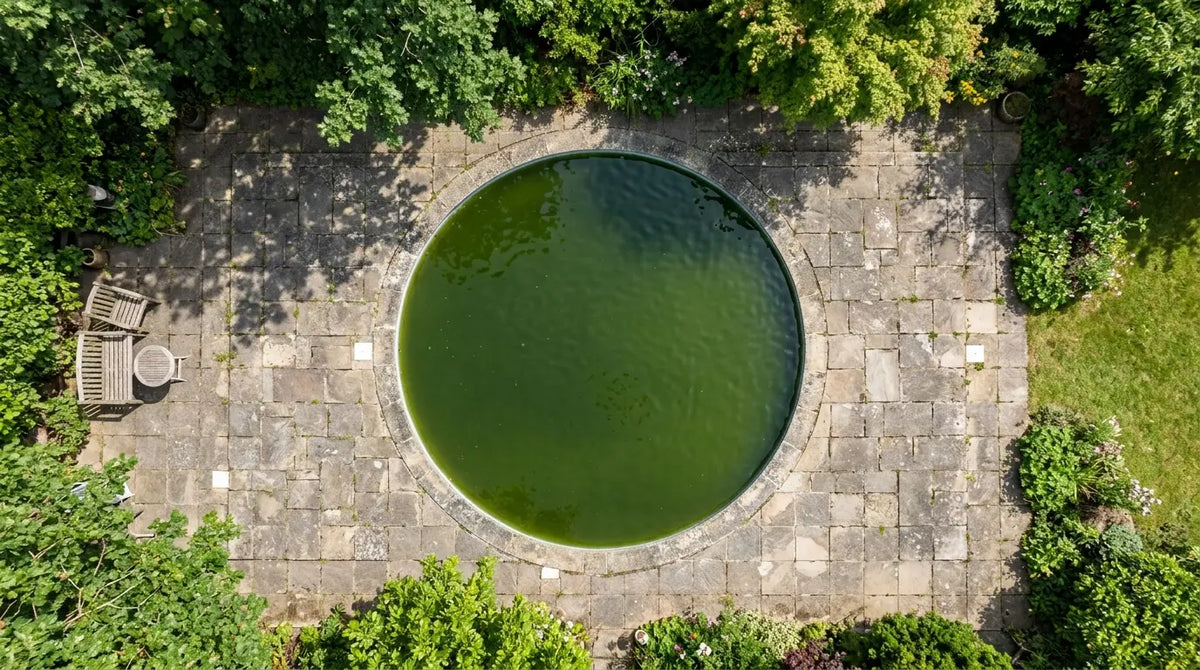 Grünes Poolwasser durch Algenbefall – trüber Pool vor der Behandlung mit Algenvernichter