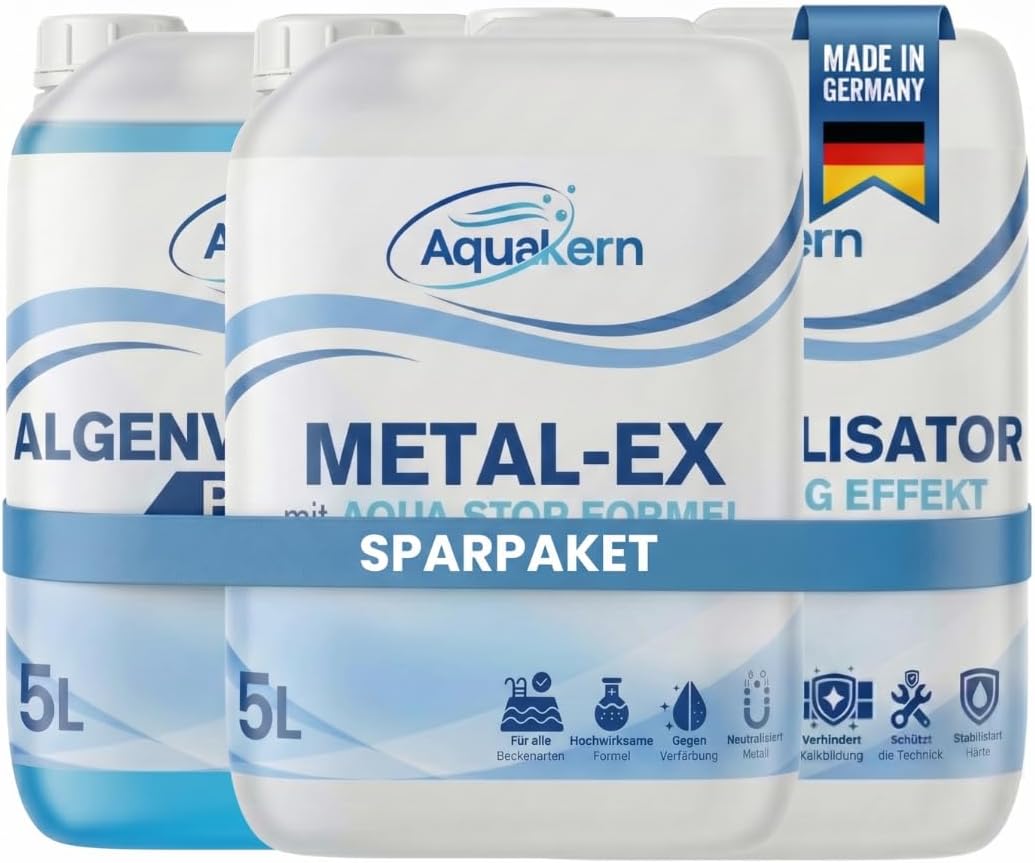 Algenvernichter Pool Power 5L & Härtestabilisator 5L & Metal Ex 5L [entfernt Algen, braunes Wasser & Kalkablagerungen]