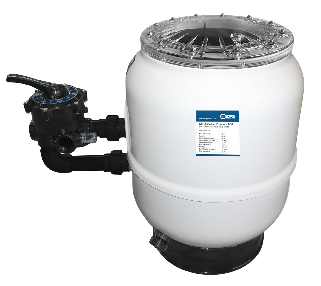 MIDA.Carbon Premium GFK Poolfilter mit 6-Wege-Ventil – UV-resistent | 500 oder 600 mm wählbar