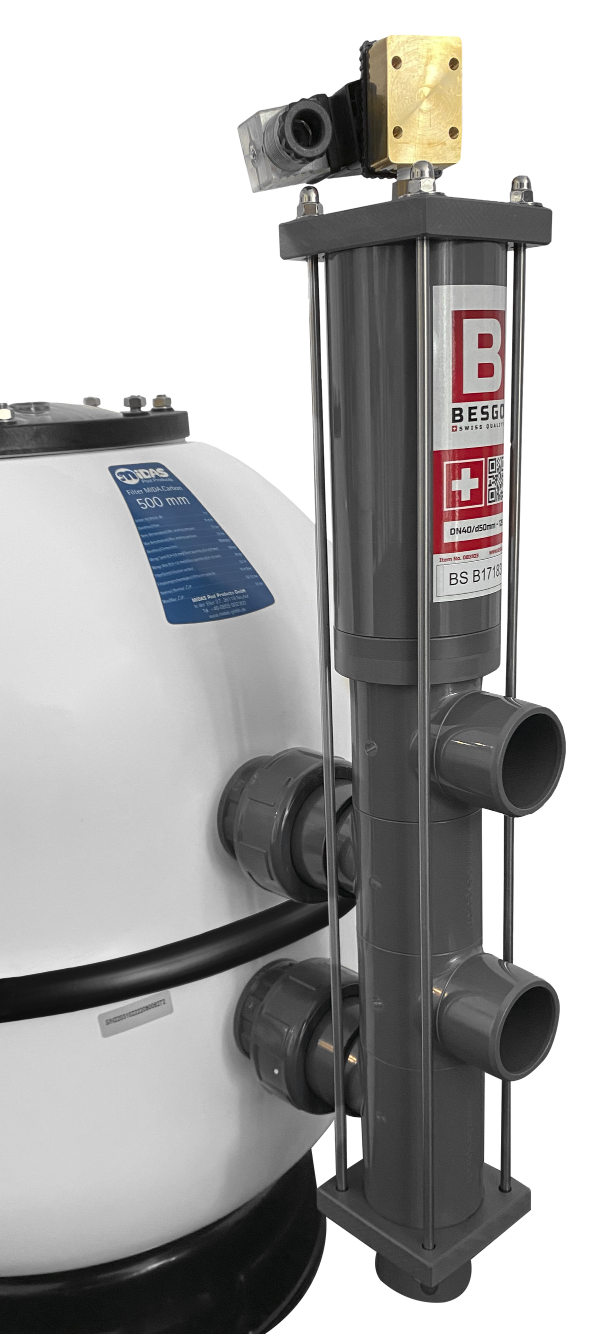 MIDA.Carbon GFK Poolfilter mit Besgo Stangenventil – automatische Rückspülung | für Pools bis 150 m³ | 500–900 mm wählbar