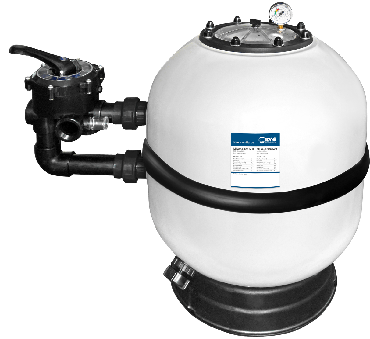 MIDA.Carbon GFK Poolfilter mit 6-Wege-Ventil – für Pools bis 150 m³ | 500–900 mm wählbar