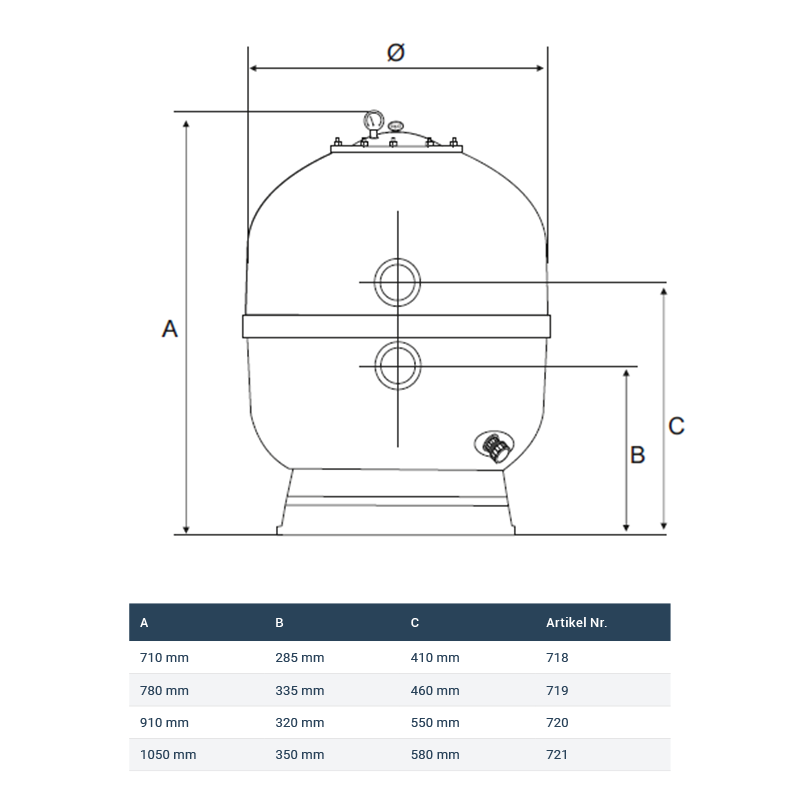 MIDA.Carbon GFK Poolfilter mit 6-Wege-Ventil – für Pools bis 150 m³ | 500–900 mm wählbar