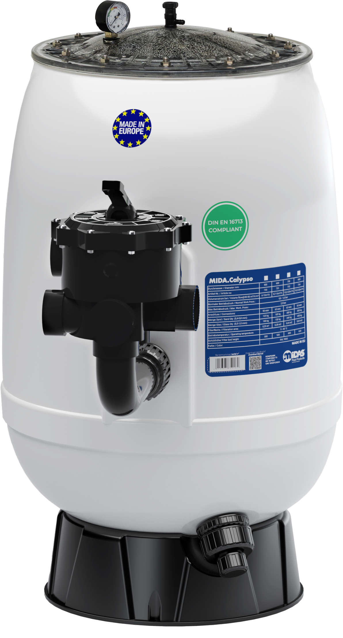 MIDA.Calypso GFK Filterbehälter mit manuellem 6-Wege-Ventil | Poolfilter 500–900 mm wählbar