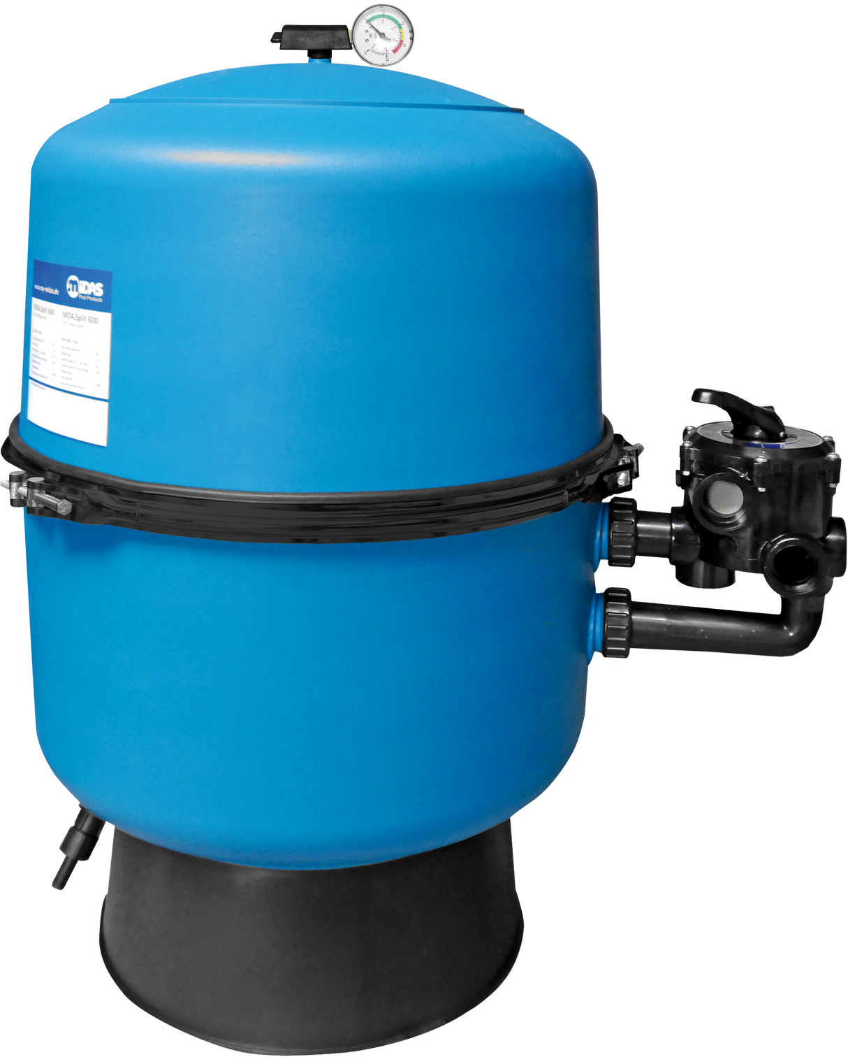 MIDA.Split Poolfilter mit 6-Wege-Ventil – geteiltes Gehäuse | UV-Schutz | 400–600 mm wählbar