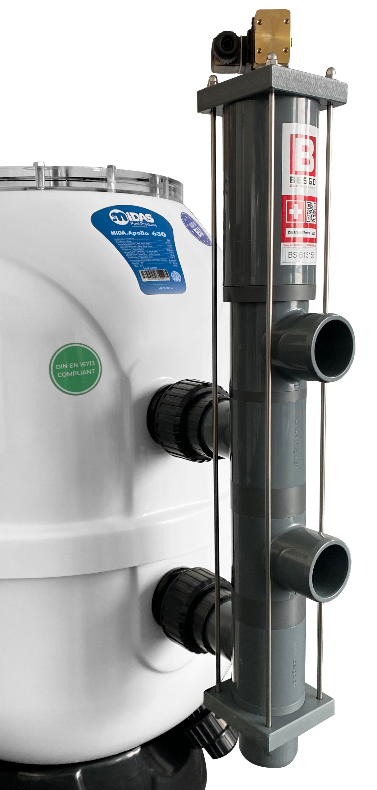 MIDA.Apollo GFK Filterbehälter mit Besgo Stangenventil – automatische Rückspülung | Poolfilter 560–930 mm wählbar