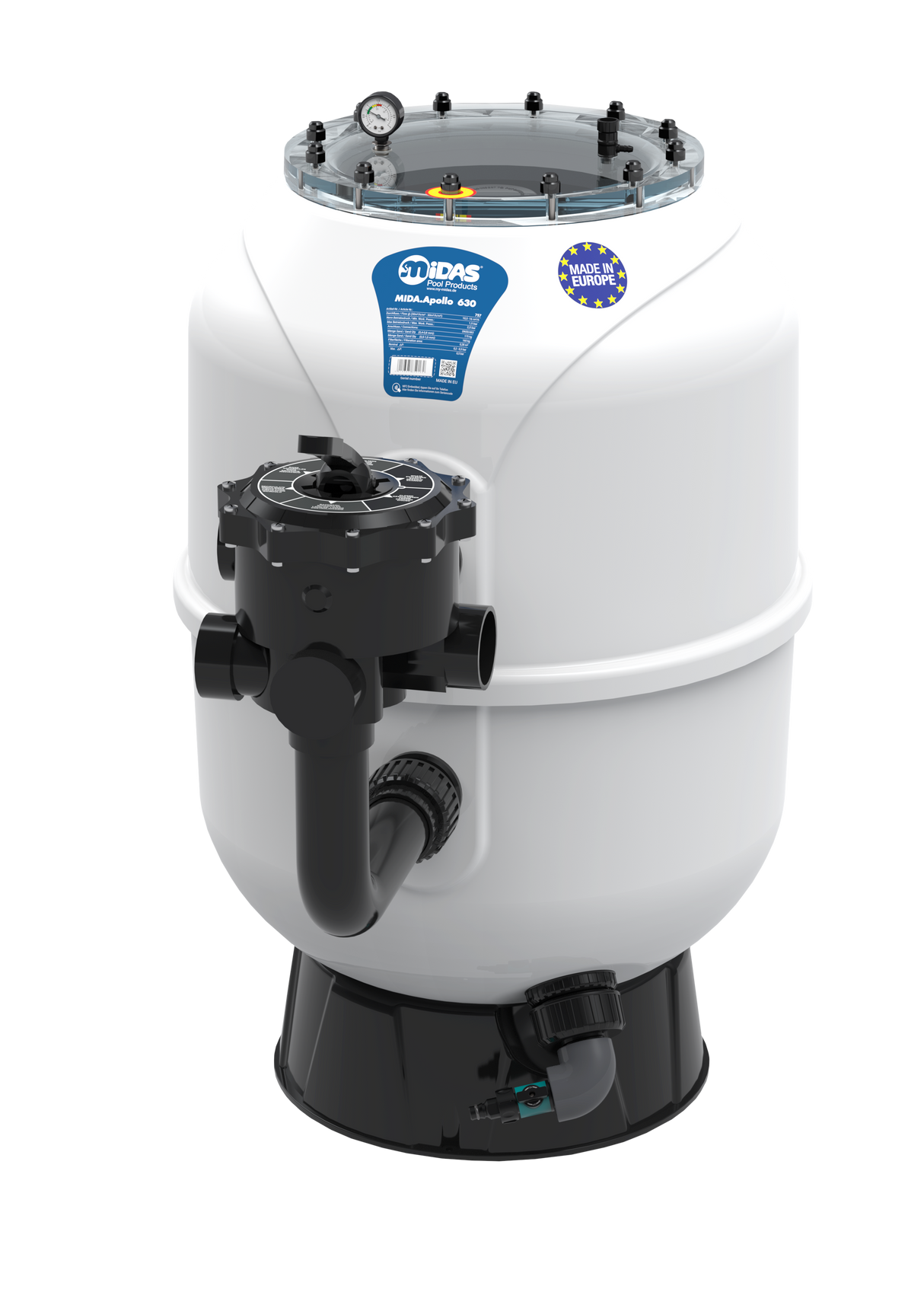 MIDA.Apollo GFK Filterbehälter mit manuellem 6-Wege-Ventil | Poolfilter 560–930 mm wählbar