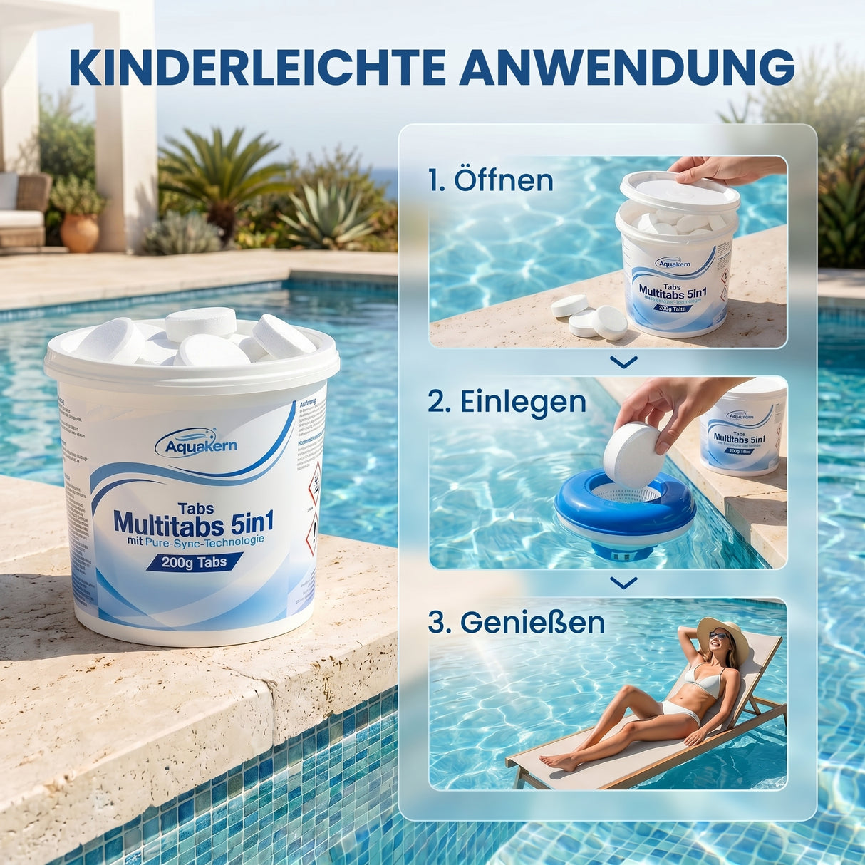 Chlortabletten Multitabs 5in1 (à 200 g) – Pure-SYNC Formel | gegen Algen, pH-Regulierung, Desinfektion & Kalkschutz | Made in Europe | 3 kg oder 5 kg