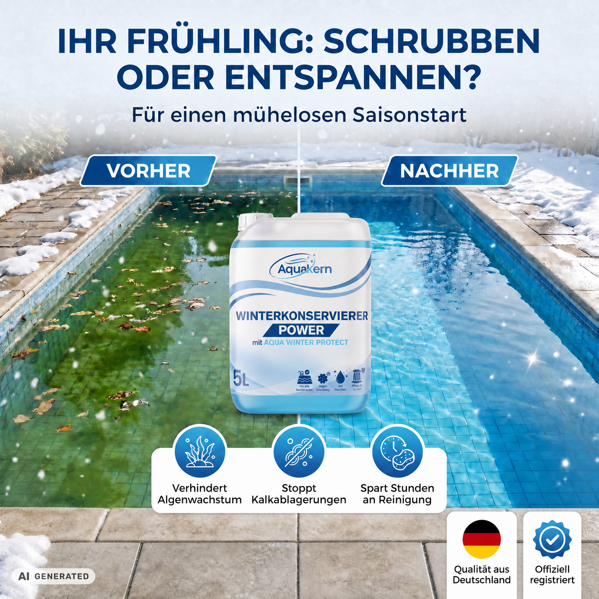 Aquakern Winterkonservierer Power – mit Aqua Winter Protect | Überwinterungsmittel gegen Algen, Kalk & Schmutz | pH-neutral | 1, 3, 5 oder 10 Liter