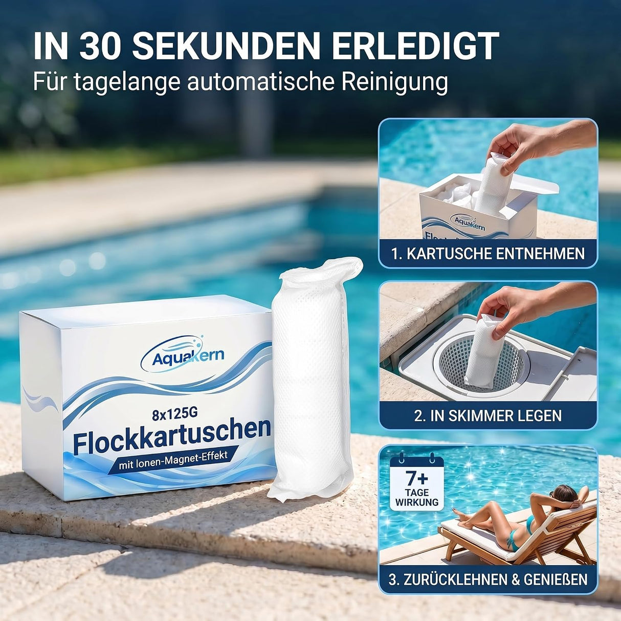 Flockkartuschen Power – IONEN-Magnet-Effekt | Flockmittel Pool gegen trübes Wasser | für Sandfilteranlagen | Made in Europe | 8 bis 96 Stück
