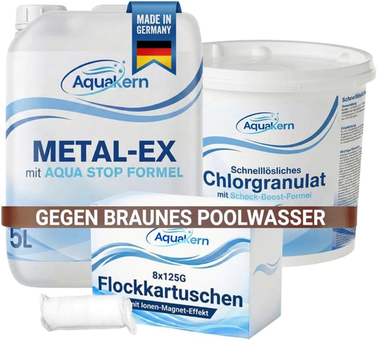 Aquakern Anti-Braun Set gegen braunes Poolwasser Metal-Ex Chlorgranulat Flockkartuschen