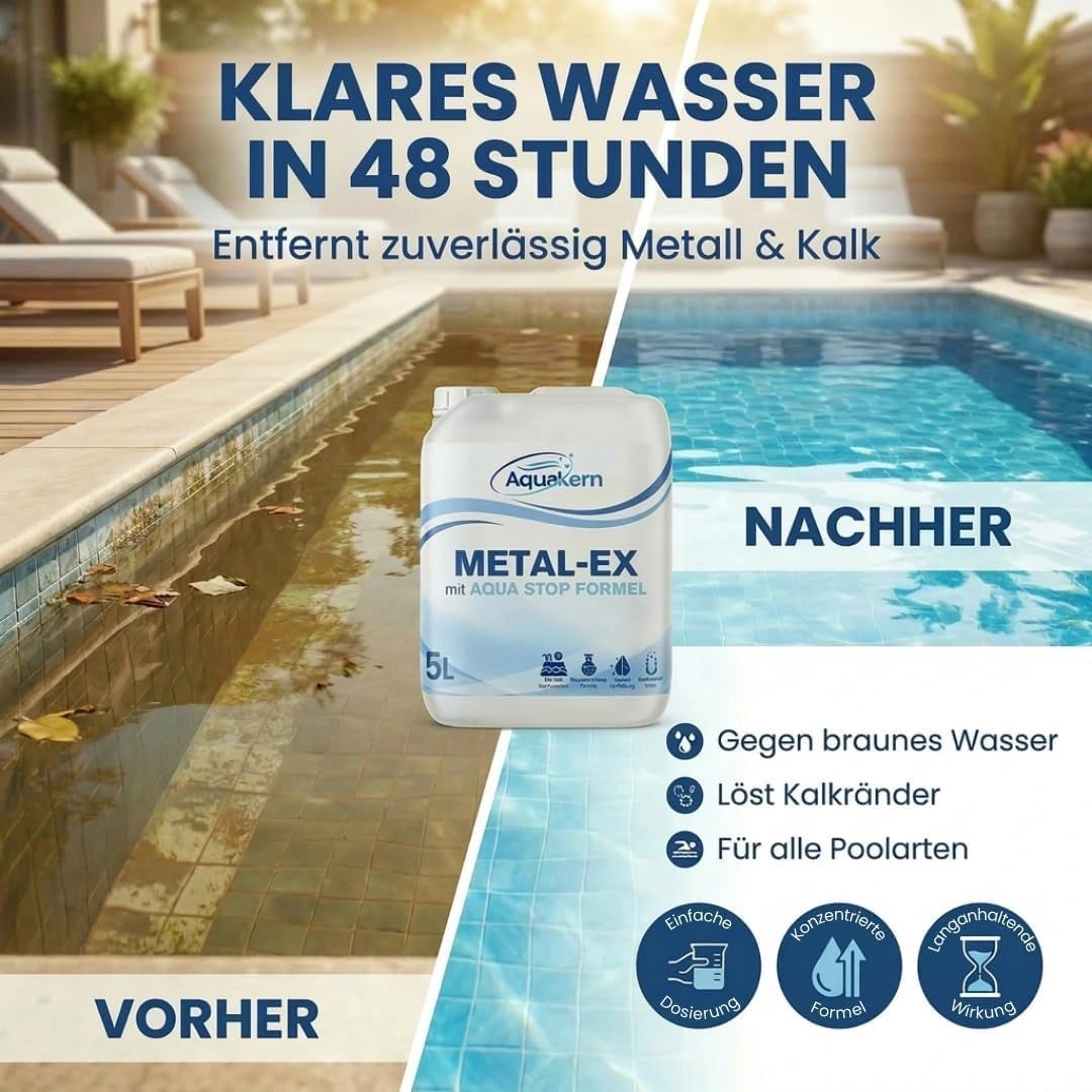 Braunes Poolwasser vorher nachher klar in 48 Stunden Metal-Ex