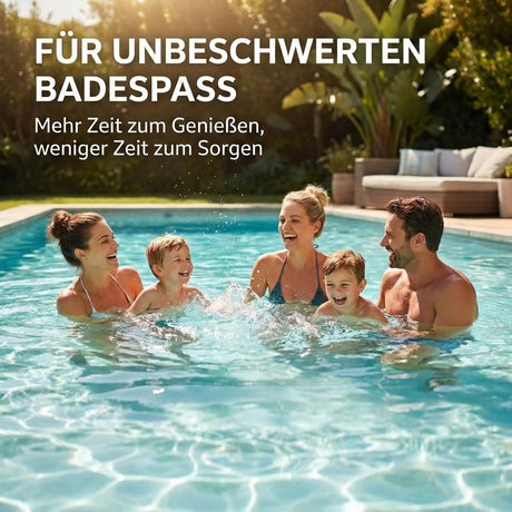 Familie genießt unbeschwerten Badespaß im klaren Pool dank Metal Ex